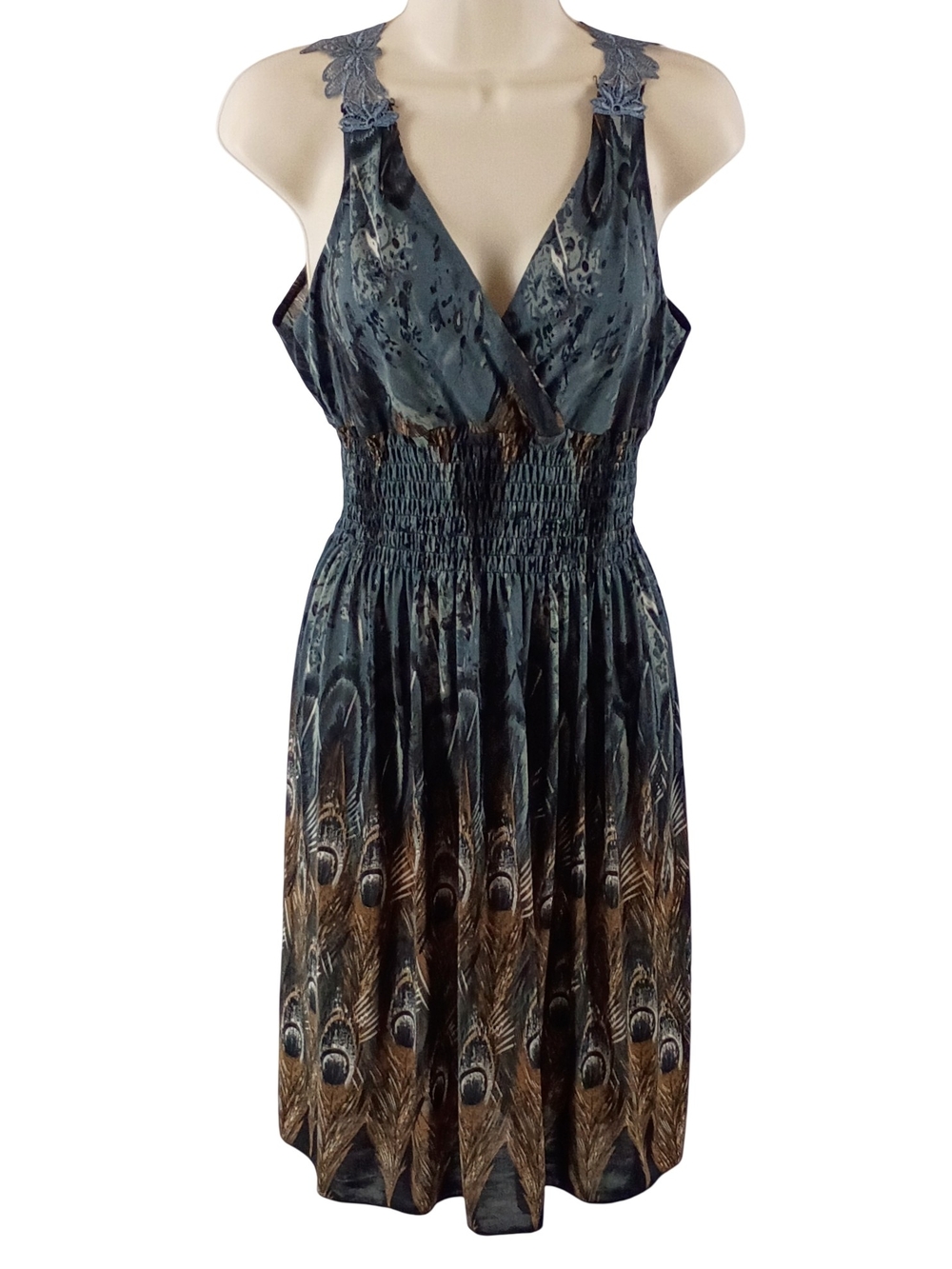 Sleeveless Peacock-Print Smocked Waist Dress - Steel Blue Grey
